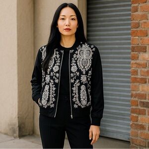 Society Girl Embroidered Mesh Chiffon Full Zip Front‎ Bomber Jacket Lace Boho